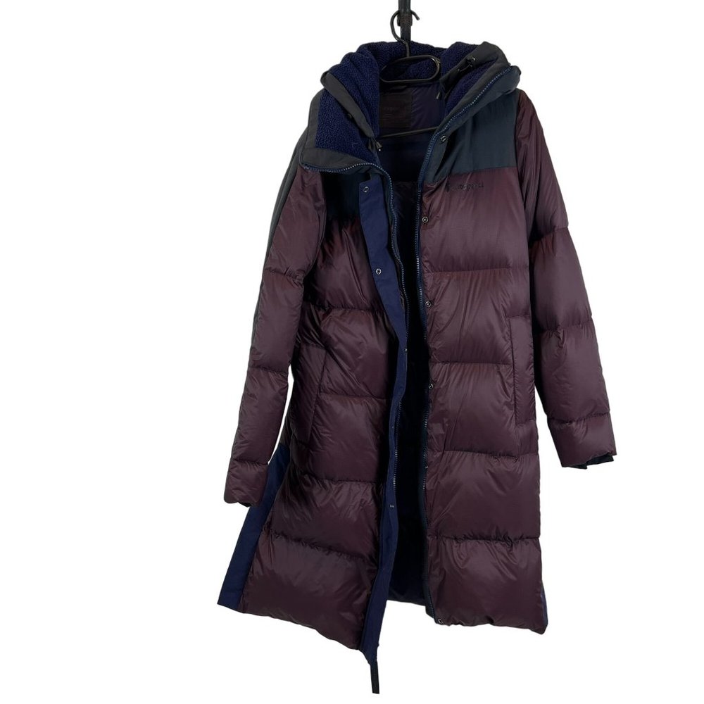 Cotopaxi Solazo Down Parka Zip Winter Long Jacket Hooded Lined Small Maroon Blue